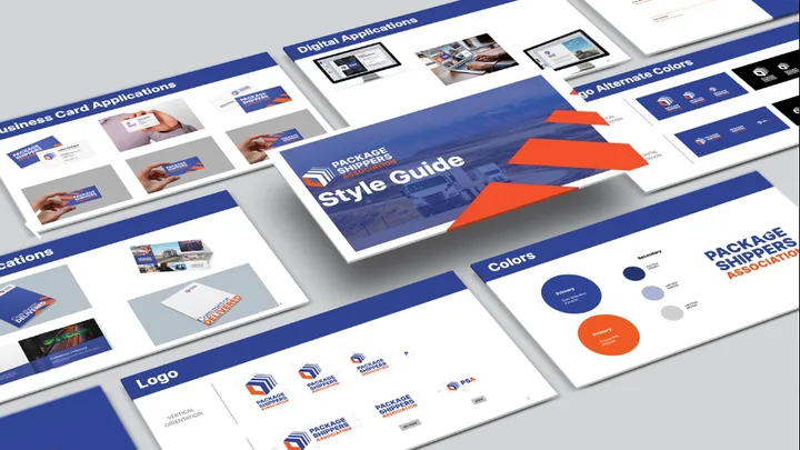 Package Shippers Association brand style guide deck, showing logo, color, and application slides in navy and orange